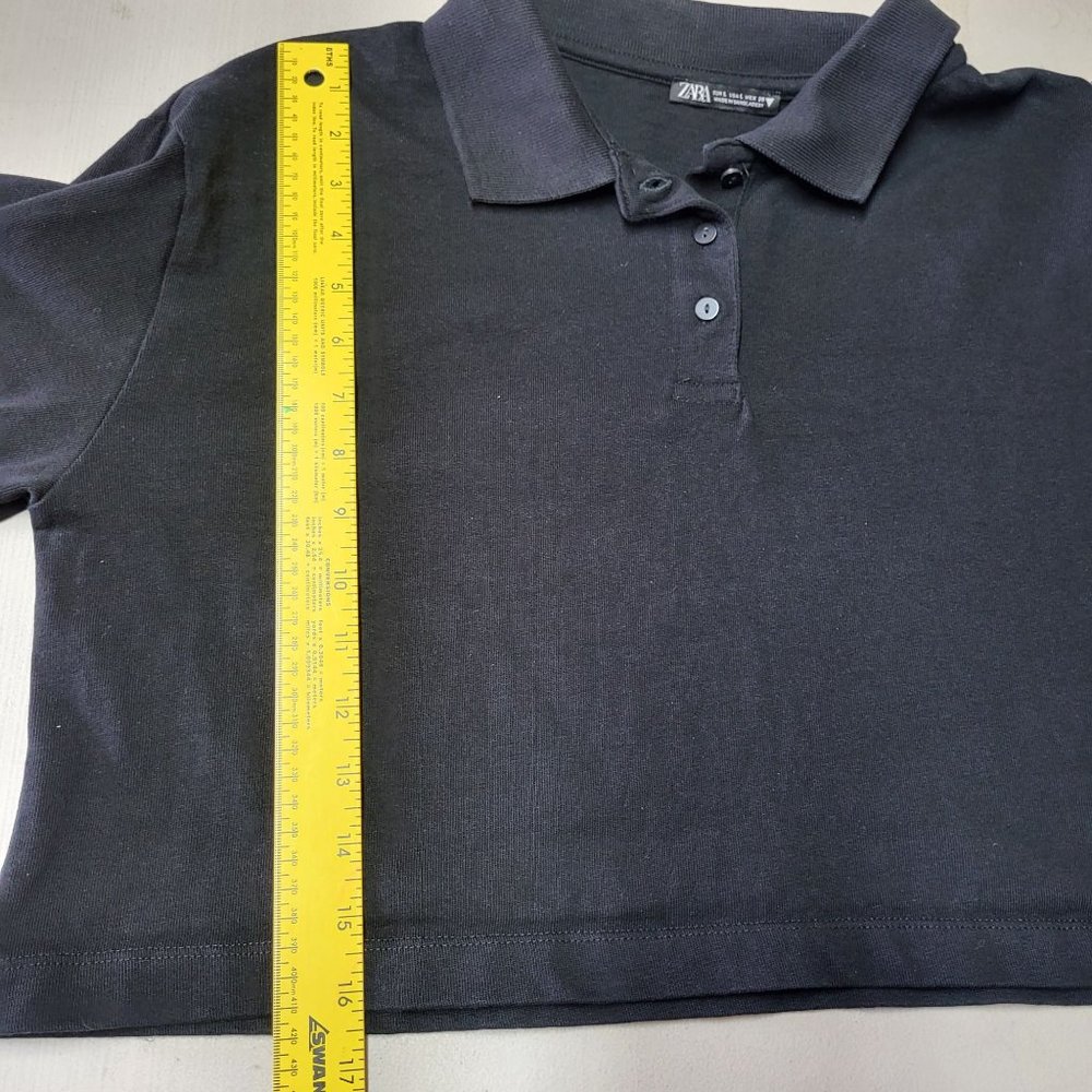 Zara Cropped Polo Women's Size Large Shirt Black Collared Blouse Long Sleeve Top - Picture 13 of 14